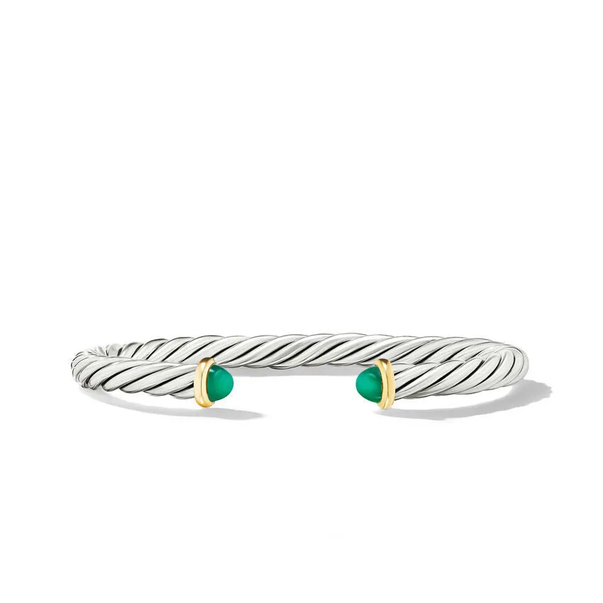 David Yurman Cable Cuff Sterling Silver with 14K Yellow Gold and Green Onyx 6mm Bracelet - Medium