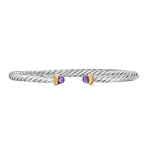 David Yurman Cable Flex Sterling Silver with 14K Yellow Gold and Amethyst 4mm Cuff Bracelet - Small