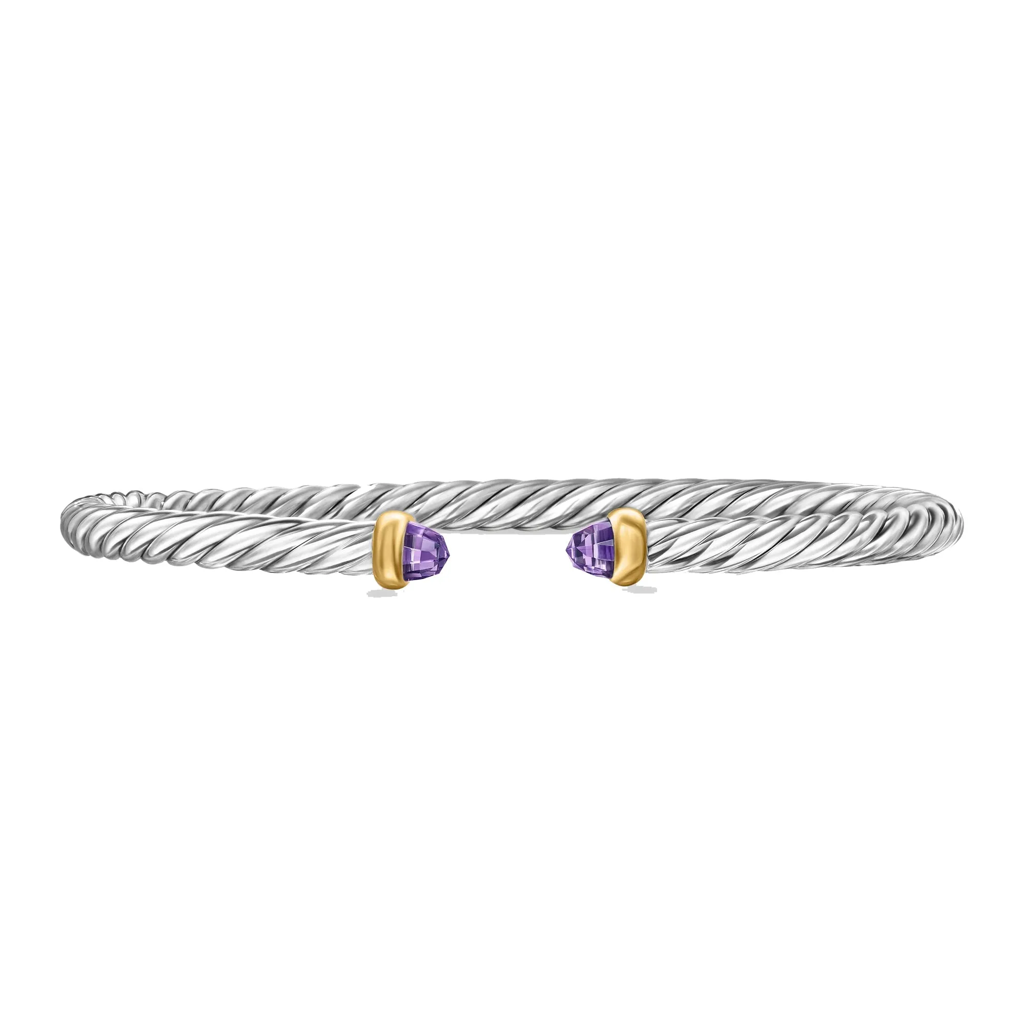 David Yurman Cable Flex Sterling Silver with 14K Yellow Gold and Amethyst 4mm Cuff Bracelet - Small