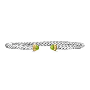 David Yurman Cable Flex Sterling Silver with 14K Yellow Gold and Peridot 4mm Cuff Bracelet - Medium