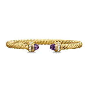 David Yurman Classic Cablespira 18K Yellow Gold with Amethyst and Diamonds 5mm Cuff Bracelet - Medium