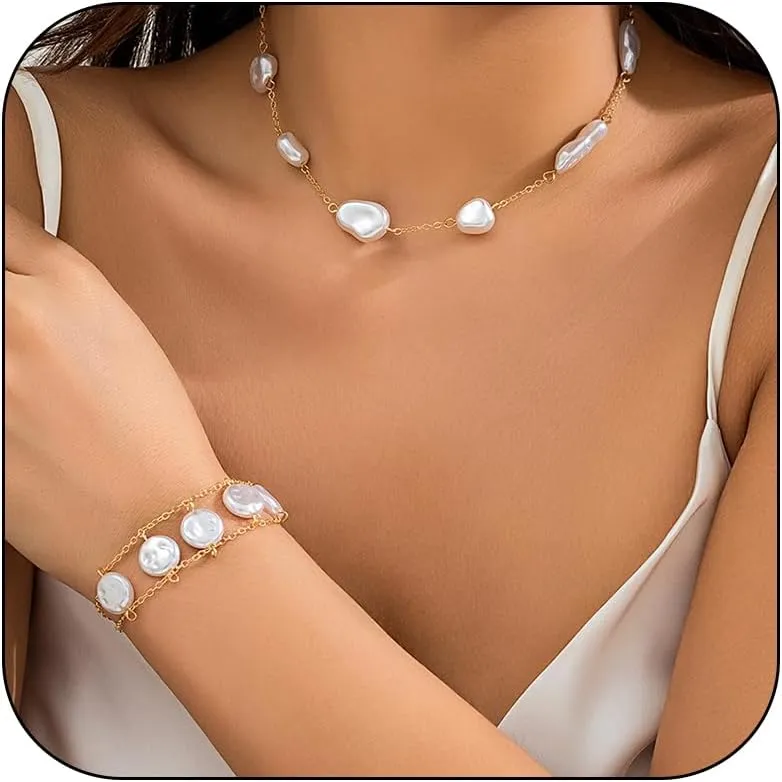 Dcfywl731 Pearl Choker Necklace & Bracelet Jewelry Set for Wedding, Prom & Gifts - Chunky Pearl Chain, Gold Snake Bone Chain Choker