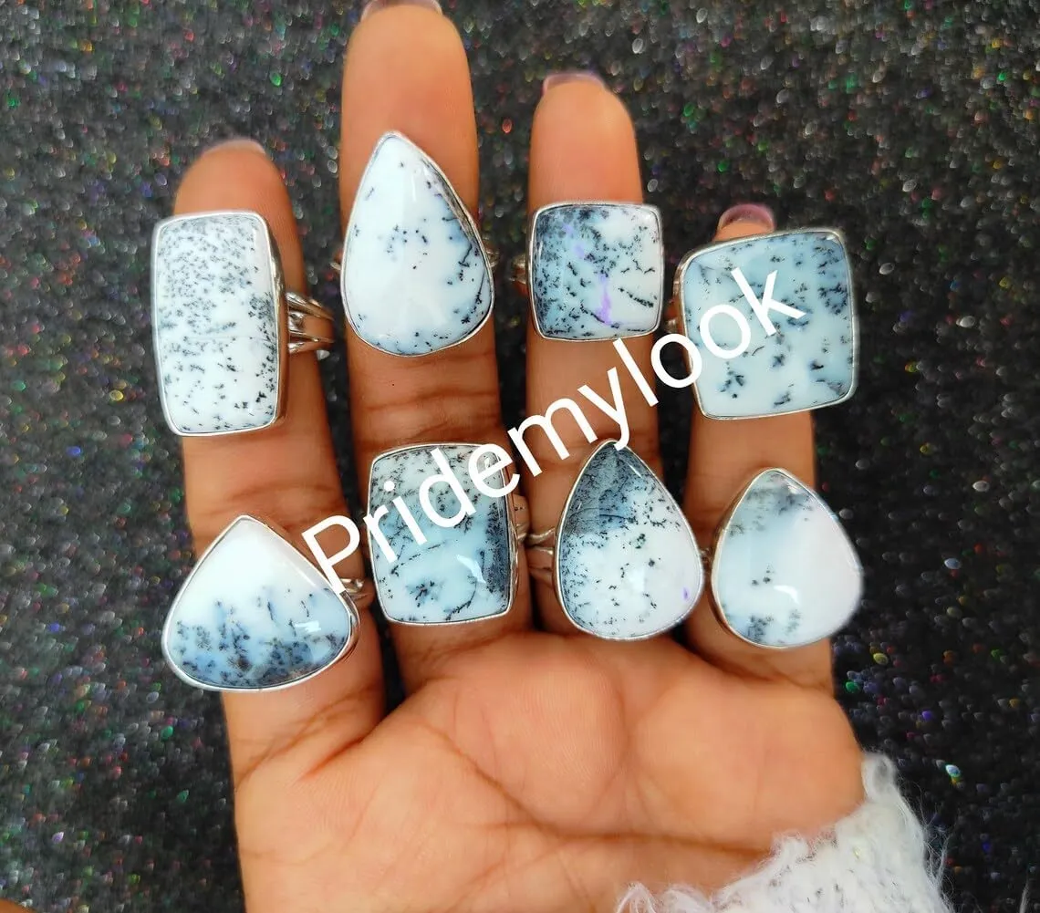 Dendrite Opal Rings Lot, Bulk Dendrite Opal Rings, Wholesale Gemstone Rings, 925 Sterling Silver Plated, Set of 10 Natural Stone Rings for Women