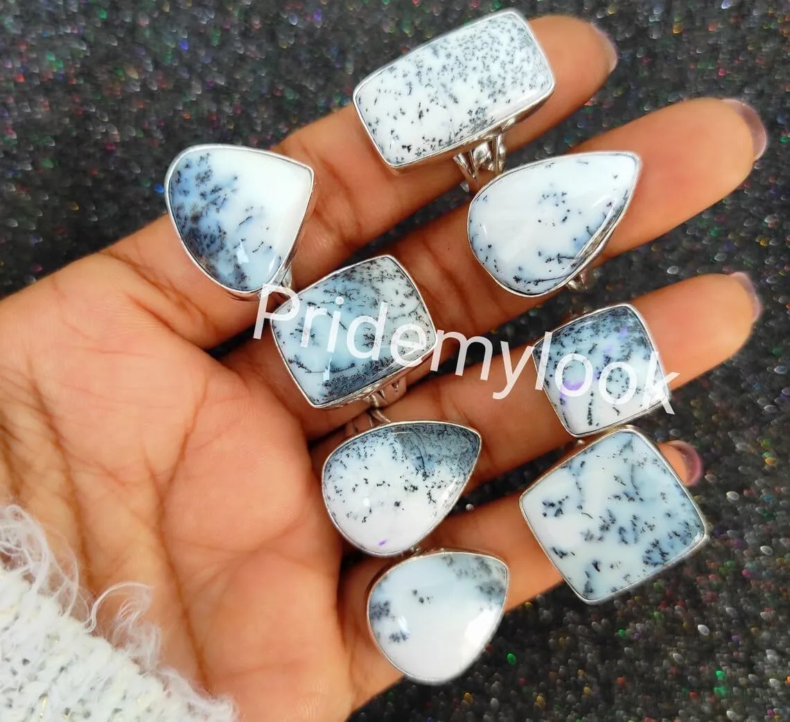 Dendrite Opal Rings Lot, Bulk Dendrite Opal Rings, Wholesale Gemstone Rings, 925 Sterling Silver Plated, Set of 10 Natural Stone Rings for Women