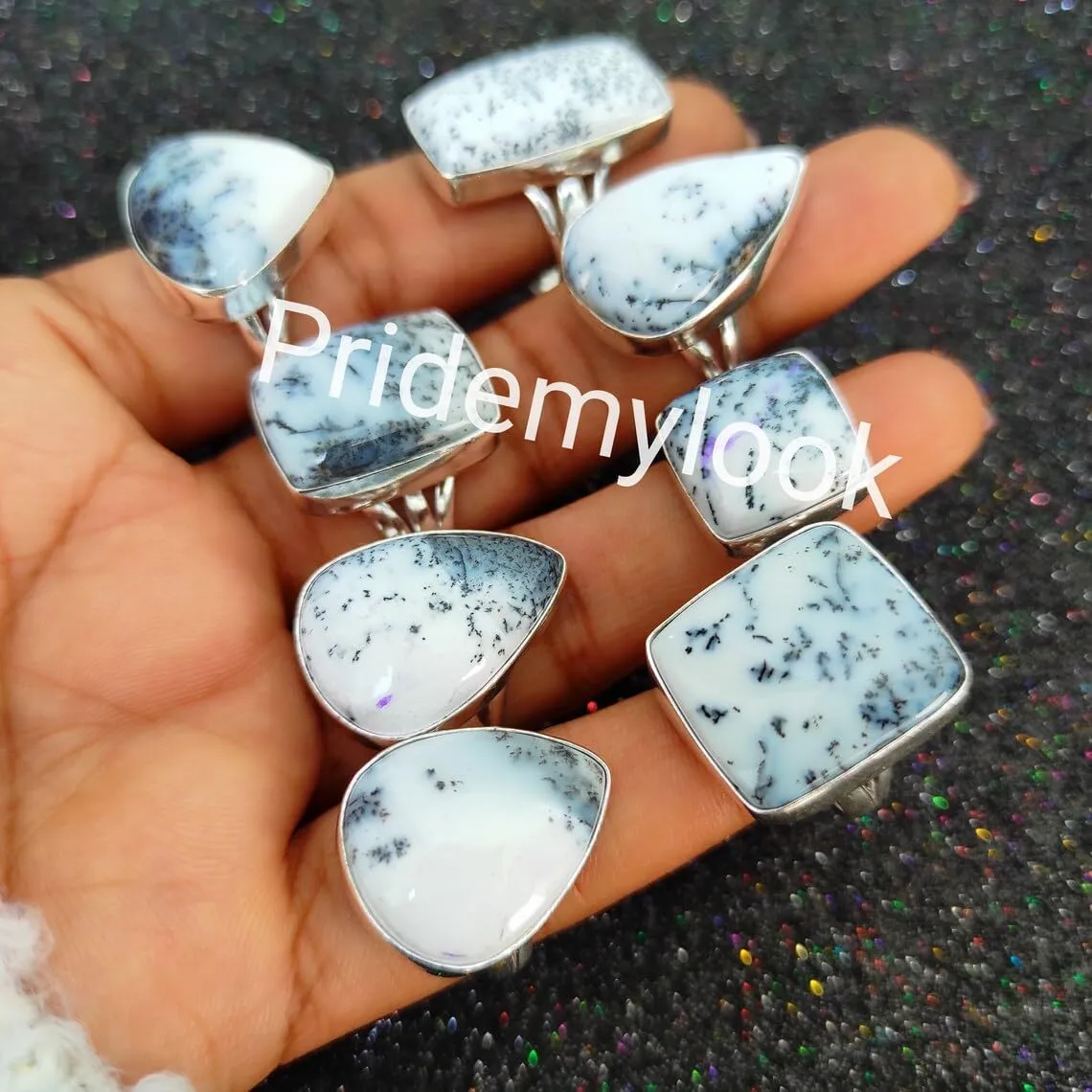 Dendrite Opal Rings Lot, Bulk Dendrite Opal Rings, Wholesale Gemstone Rings, 925 Sterling Silver Plated, Set of 10 Natural Stone Rings for Women
