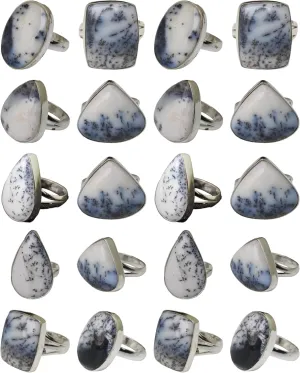 Dendrite Opal Rings Lot, Bulk Dendrite Opal Rings, Wholesale Gemstone Rings, 925 Sterling Silver Plated, Set of 10 Natural Stone Rings for Women