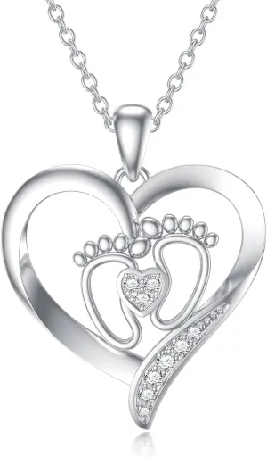 Diamond Baby Feet Necklaces for Women 925 Sterling Silver Mother Heart Pendant Baby Footprint Necklace for Mom-to-Be Gifts Diamond Jewelry