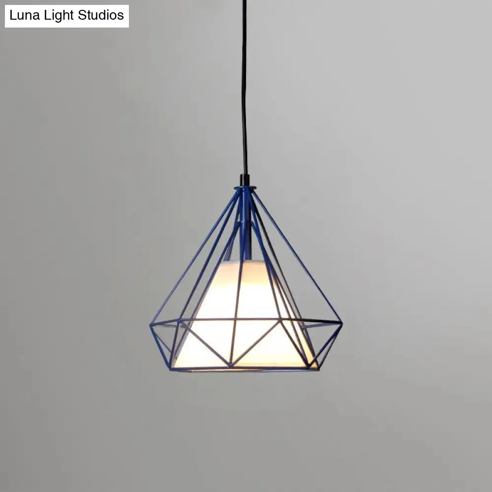 Diamond Loft Ceiling Hang Lamp - 1 Head Iron Pendant Lighting in Black/White/Green with Cone Fabric Shade