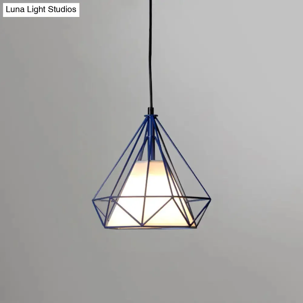 Diamond Loft Ceiling Hang Lamp - 1 Head Iron Pendant Lighting in Black/White/Green with Cone Fabric Shade