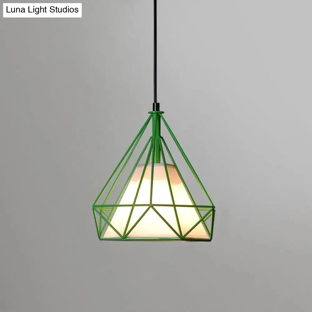 Diamond Loft Ceiling Hang Lamp - 1 Head Iron Pendant Lighting in Black/White/Green with Cone Fabric Shade