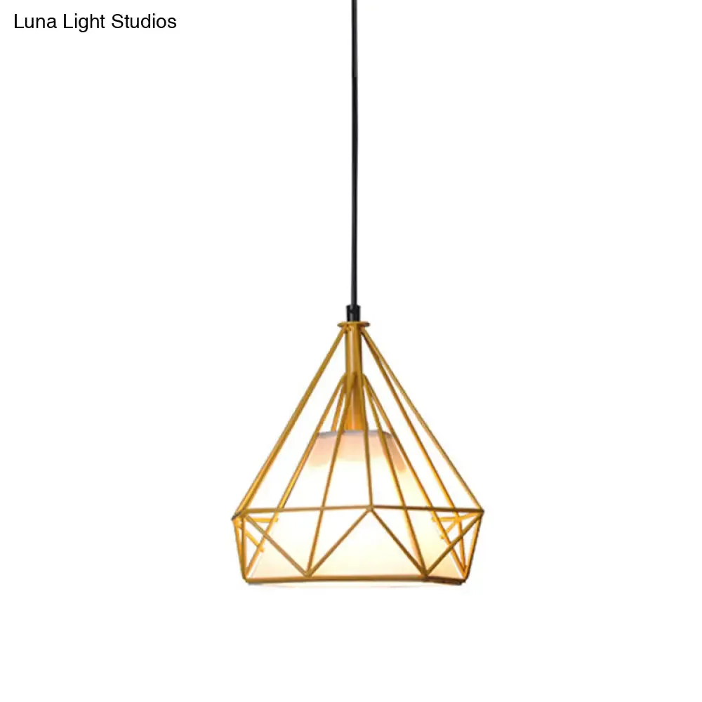 Diamond Loft Ceiling Hang Lamp - 1 Head Iron Pendant Lighting in Black/White/Green with Cone Fabric Shade