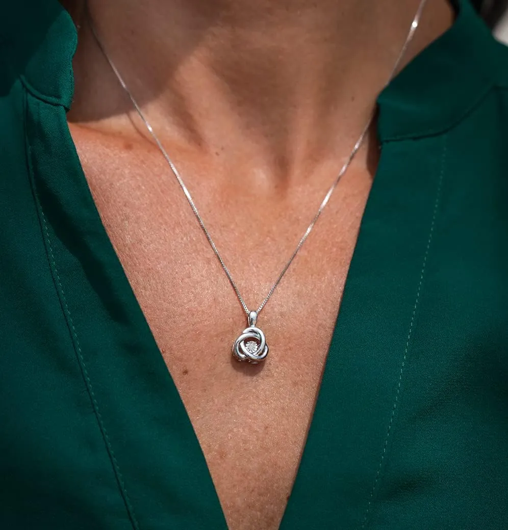 Diamond Pendant Necklace Dancing Diamond Love Knot - Sterling Silver, Yellow Gold Plated Silver, or Rose Gold Plated Silver-Natural Diamond-18 Inch Chain