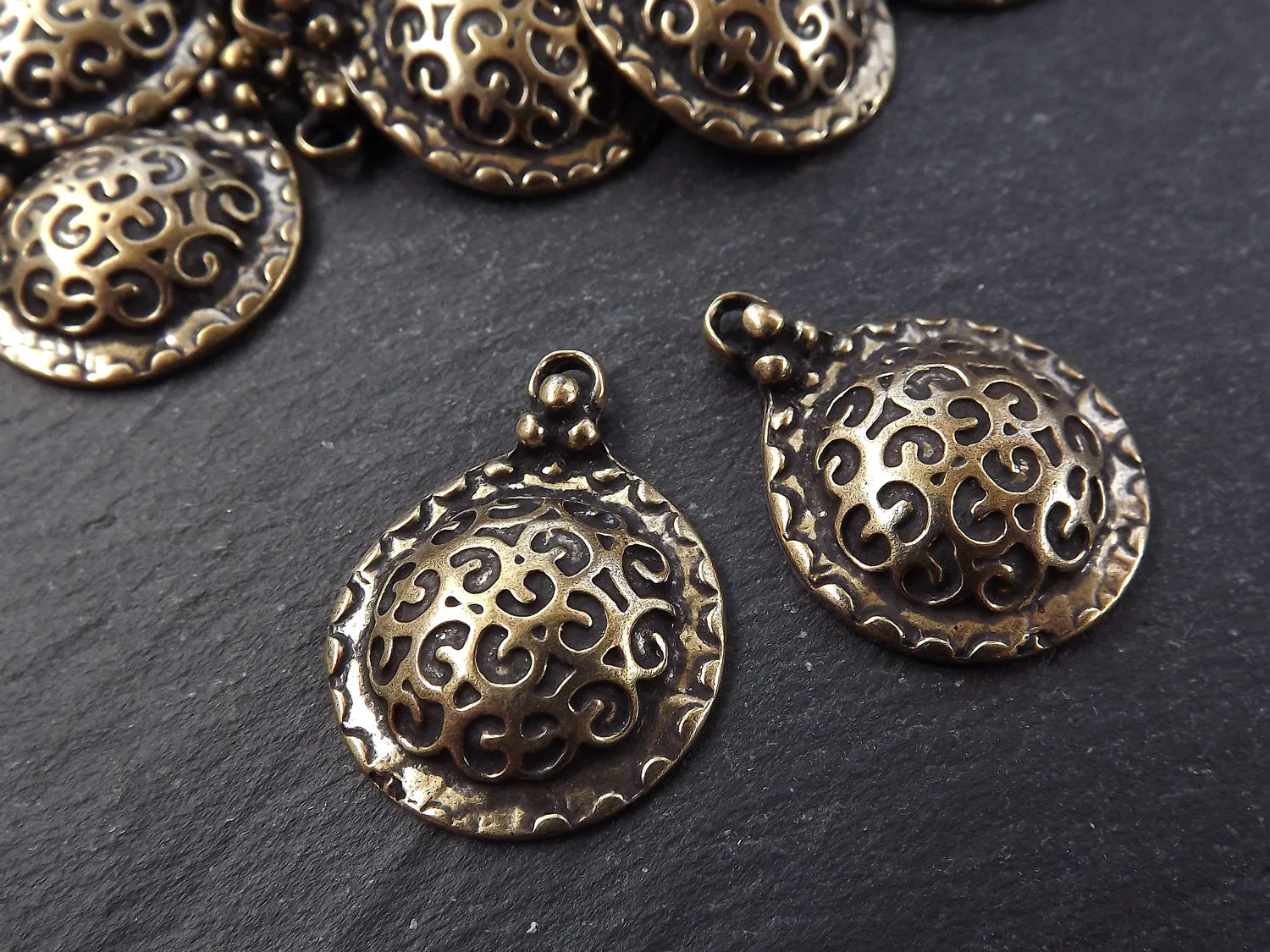 Dome Pendant, Unusual Pendant, Artisan Pendant, Tribal Pendant, Curl, Ethnic, Rustic Pendant, Bohemian, Boho, Antique Bronze, 2pcs