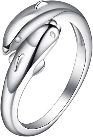 Double Dolphin Sterling Silver Ring Animal Open Ring for Women Fashion Jewelry
