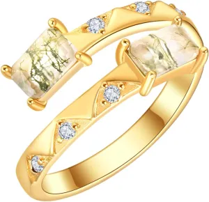Dreamboat Gold Baguette Rings for Women Natural Moss Agate Rings Ring Wrap Sterling Silver Adjustable Gem Rings for Women Gold Plated Ring Gemstone Rings Simple Rings