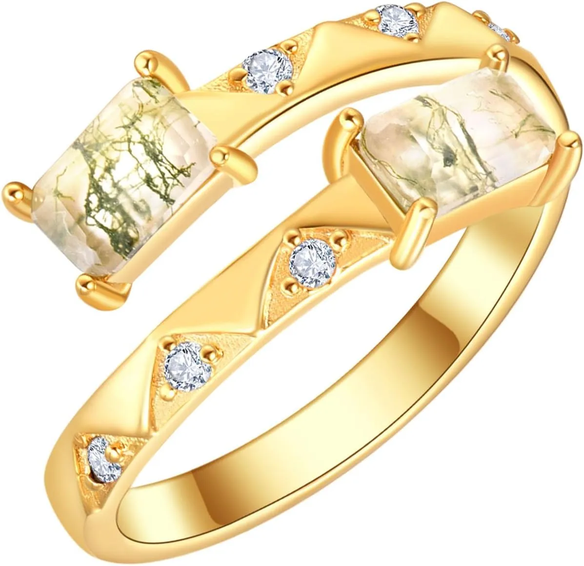 Dreamboat Gold Baguette Rings for Women Natural Moss Agate Rings Ring Wrap Sterling Silver Adjustable Gem Rings for Women Gold Plated Ring Gemstone Rings Simple Rings
