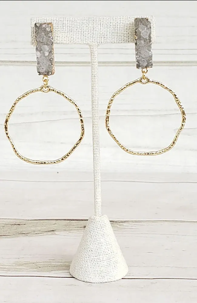 Druzy Rectangle Earring with Branch Circle