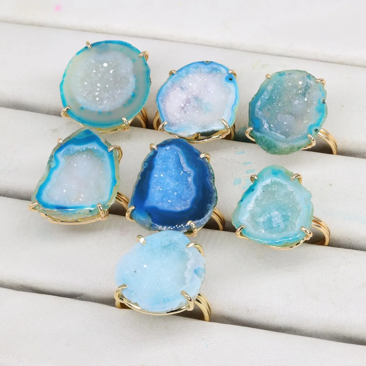 Elegant Geode Druzy Gemstone Statement Ring for Women, Adjustable Ring, Gold Plated Stone Size 20-25mm