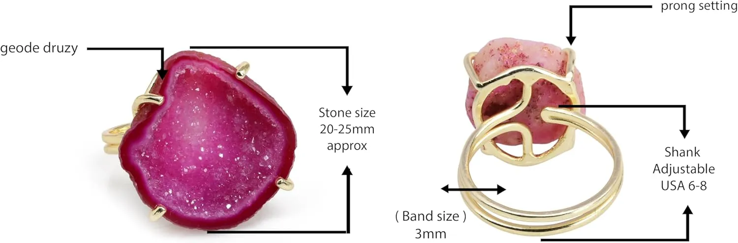 Elegant Geode Druzy Gemstone Statement Ring for Women, Adjustable Ring, Gold Plated Stone Size 20-25mm