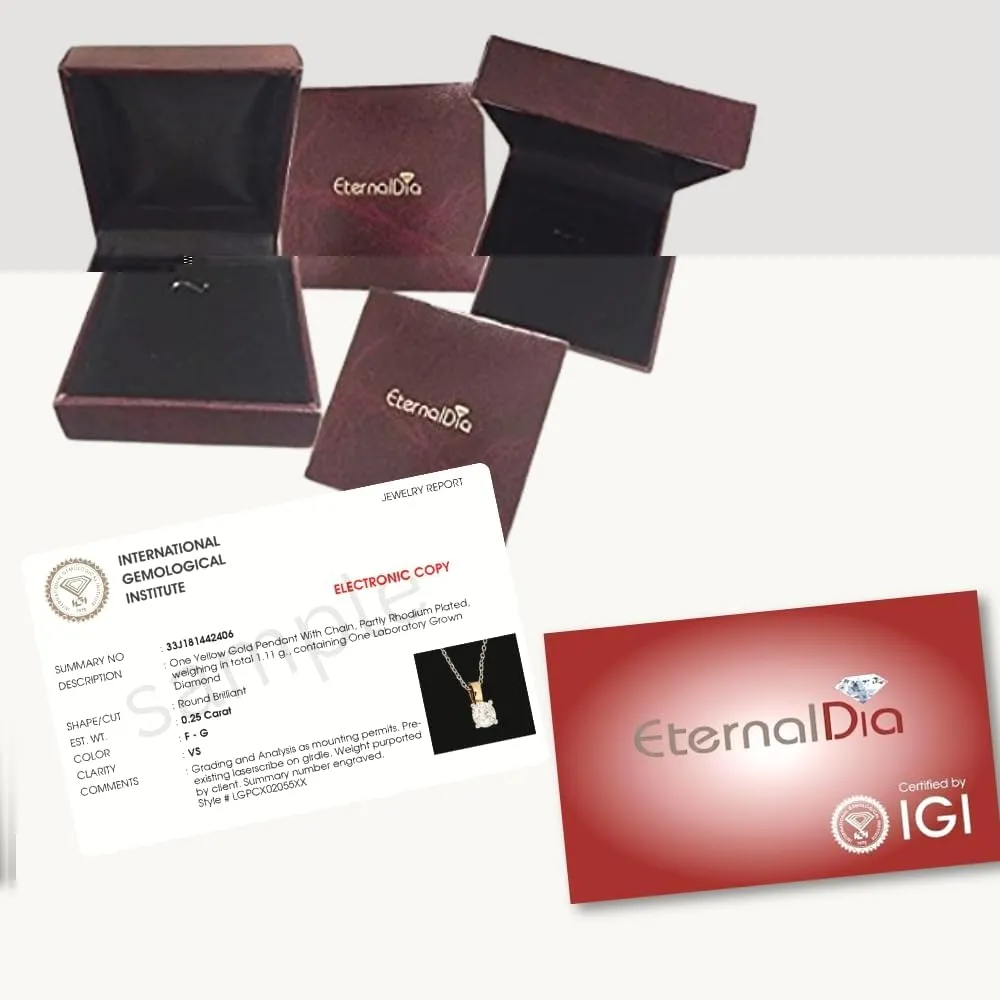 EternalDia IGI Certified 0.25Ct-3.00 Carat Diamond Color/Clarity F-VS2, 14K Gold 4 Prong Set Round-cut Lab Grown Diamond Solitaire Necklace Pendant Chain