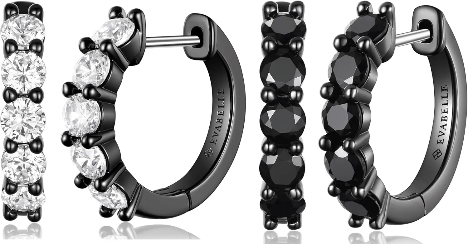 Evabelle 2 Pieces Black Hoop Earrings for Women and Men Small Black Earrings Huggie Black Hoop Earring Diamond Cut Cubic Zirconia 925 Sterling Silver Post
