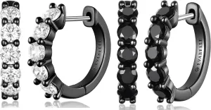 Evabelle 2 Pieces Black Hoop Earrings for Women and Men Small Black Earrings Huggie Black Hoop Earring Diamond Cut Cubic Zirconia 925 Sterling Silver Post