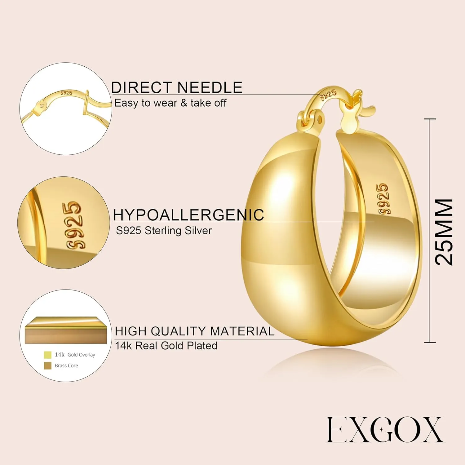 EXGOX Gold Hoop Earrings for Women Sterling Silver Post Hoops Earrings for Women Wide Thick Silver Hoop Earrings Hypoallergenic Lightweight 14k Real Gold Plated Hoop Large Earrings (25/30/40/50MM)