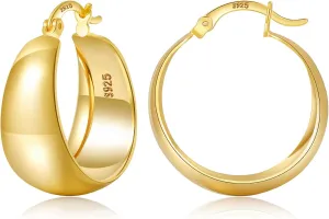 EXGOX Gold Hoop Earrings for Women Sterling Silver Post Hoops Earrings for Women Wide Thick Silver Hoop Earrings Hypoallergenic Lightweight 14k Real Gold Plated Hoop Large Earrings (25/30/40/50MM)