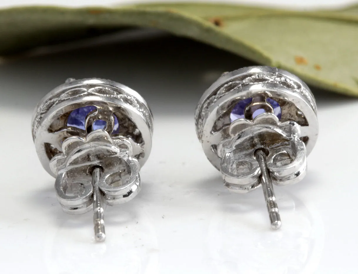 Exquisite 2.45 Carats Natural Tanzanite and Diamond 14K Solid White Gold Stud Earrings