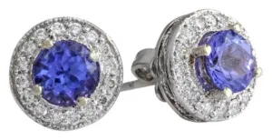 Exquisite 2.45 Carats Natural Tanzanite and Diamond 14K Solid White Gold Stud Earrings