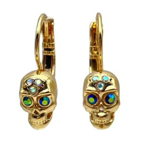 Exquisite Skull Halloween Leverback Earrings Ritzy Couture DeLuxe 18k Gold Plate