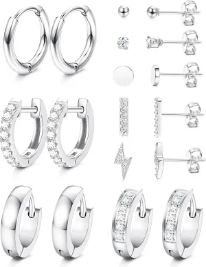 FASACCO Huggie Stud Earring Sets for Multiple Piercing Small Stud Hoop Earrings Dot CZ Bar Stud Earrings 9 Pairs