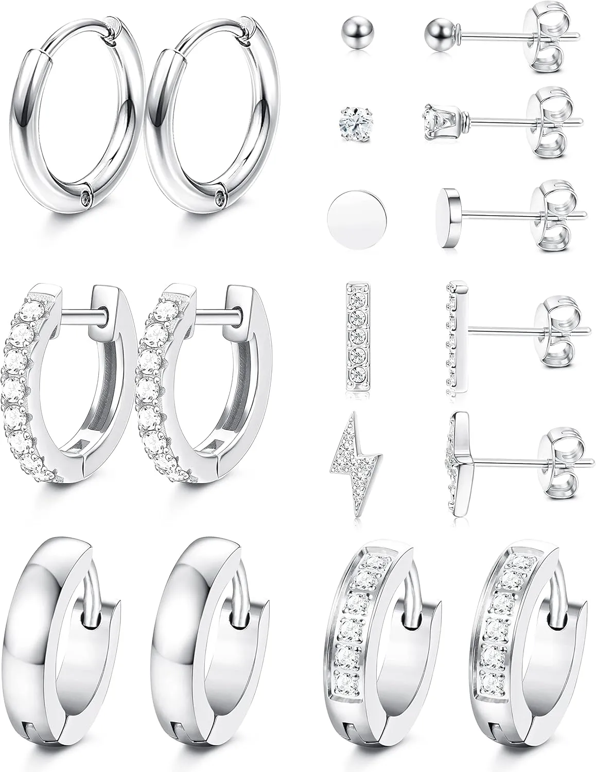 FASACCO Huggie Stud Earring Sets for Multiple Piercing Small Stud Hoop Earrings Dot CZ Bar Stud Earrings 9 Pairs