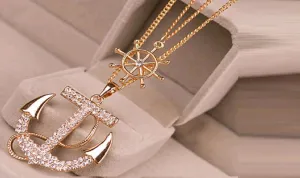 Fashion White Rhinestone Anchor Rudder Pendant Long Chain Necklace