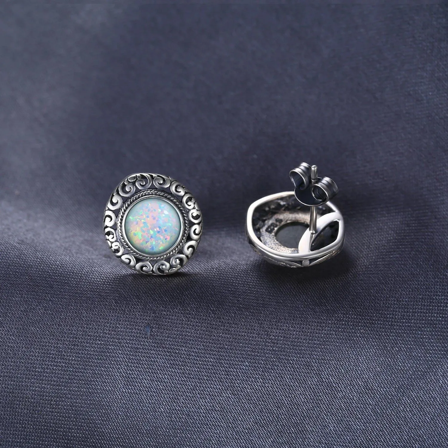Fashionable Vintage 2.5ct Cabochon Created Opal Sterling Silver Heart Stud Earrings