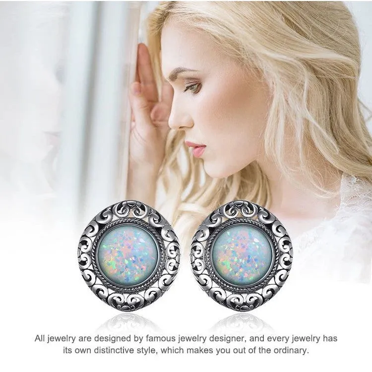 Fashionable Vintage 2.5ct Cabochon Created Opal Sterling Silver Heart Stud Earrings
