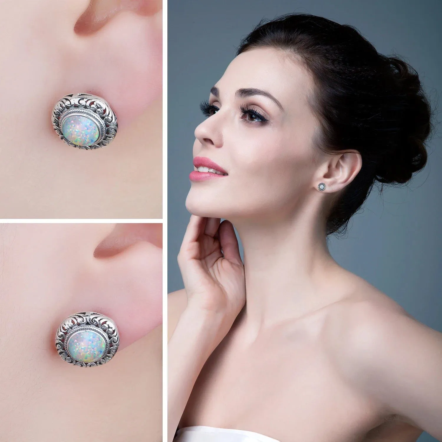 Fashionable Vintage 2.5ct Cabochon Created Opal Sterling Silver Heart Stud Earrings