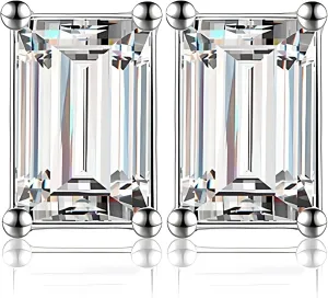 Faux Diamond Stud Earrings For Women 14k White Gold Plated Sterling Silver Cubic Zirconia Earring Studs for Men by Ginger Lyne 10mm 7.5 ct Emerald Cut Small Pierced Hypoallergenic Minimalist Jewelry