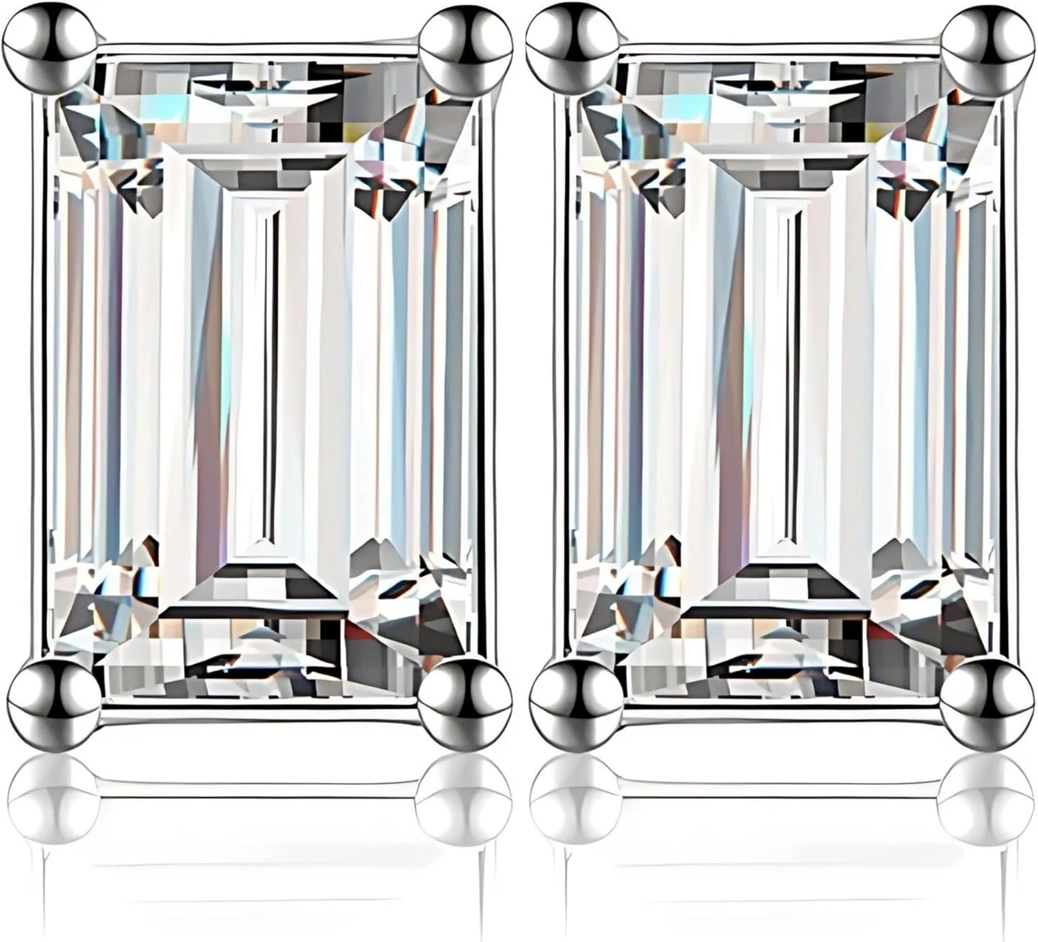 Faux Diamond Stud Earrings For Women 14k White Gold Plated Sterling Silver Cubic Zirconia Earring Studs for Men by Ginger Lyne 10mm 7.5 ct Emerald Cut Small Pierced Hypoallergenic Minimalist Jewelry