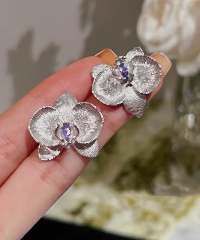 Fine Purple Sterling Silver Crystal Butterfly Orchid Stud Earrings AC1062