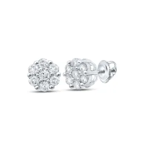 Floral Brilliance: 10kt White Gold Womens Round Diamond Flower Cluster Earrings 1/5 Cttw