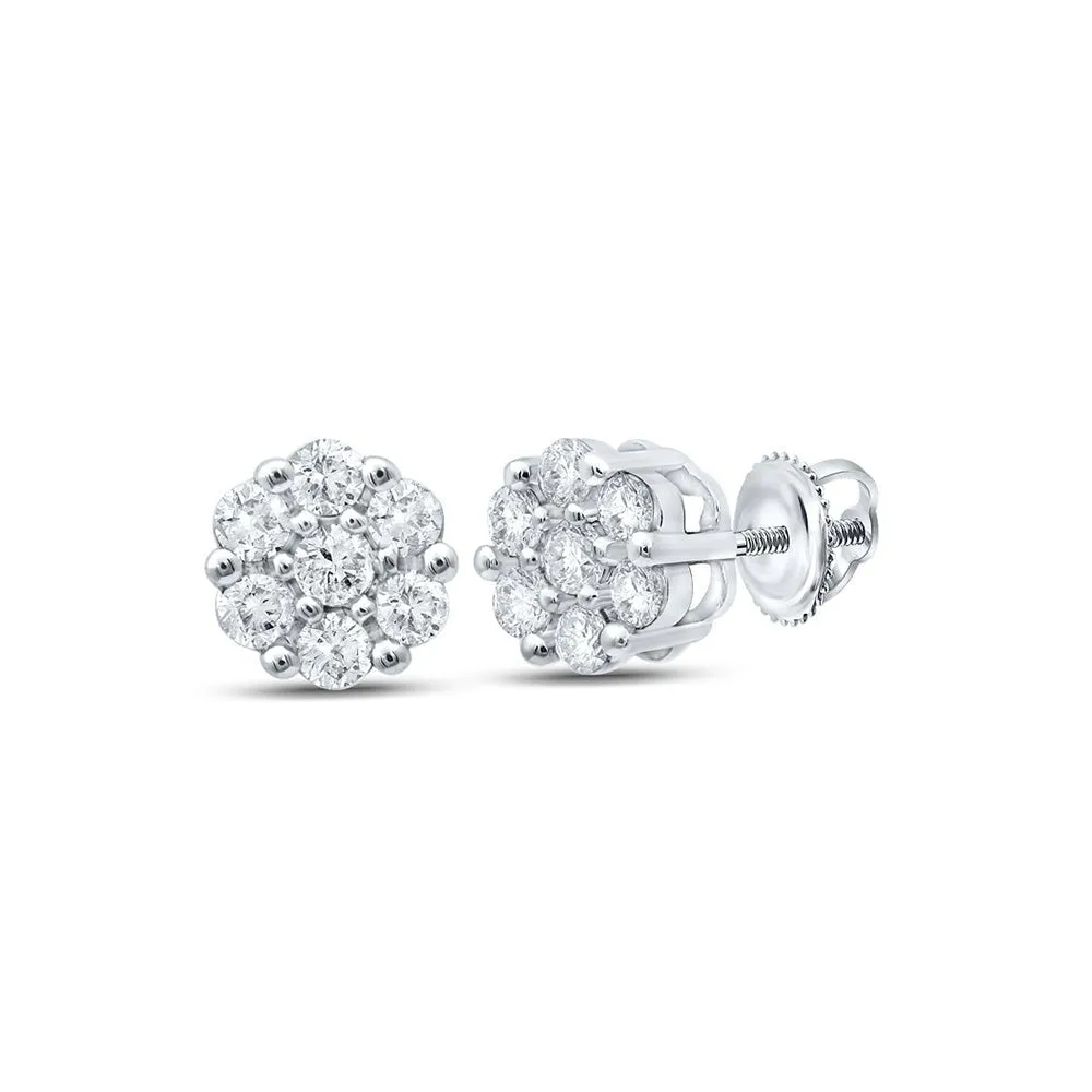 Floral Brilliance: 10kt White Gold Womens Round Diamond Flower Cluster Earrings 1/5 Cttw
