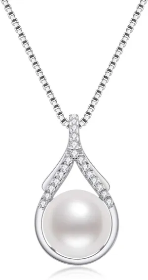Freshwater Pearl Necklace for Women, Single White Pearl Pendant with 925 Sterling Silver Chain Pearl Jewelry Gifts for Mom Wife