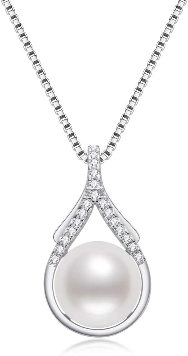 Freshwater Pearl Necklace for Women, Single White Pearl Pendant with 925 Sterling Silver Chain Pearl Jewelry Gifts for Mom Wife