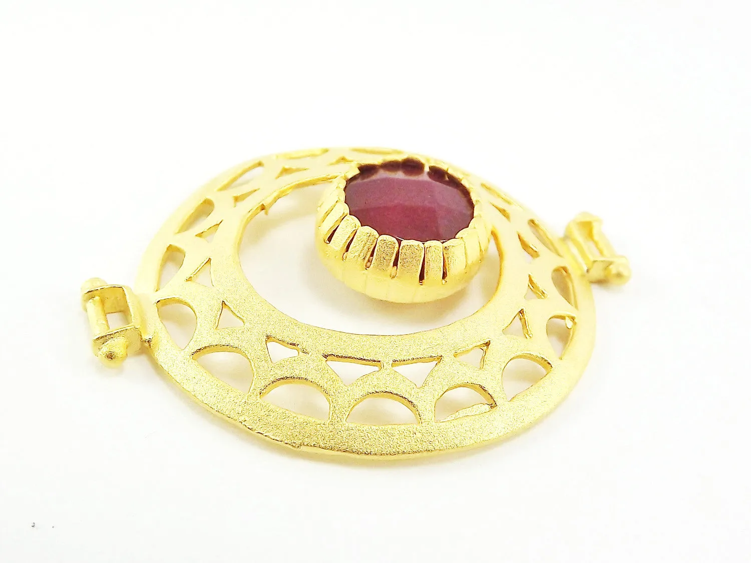 Garnet Red Jade Stone Fretworked Circle Connector Pendant - 22k Matte Gold Plated - 1PC