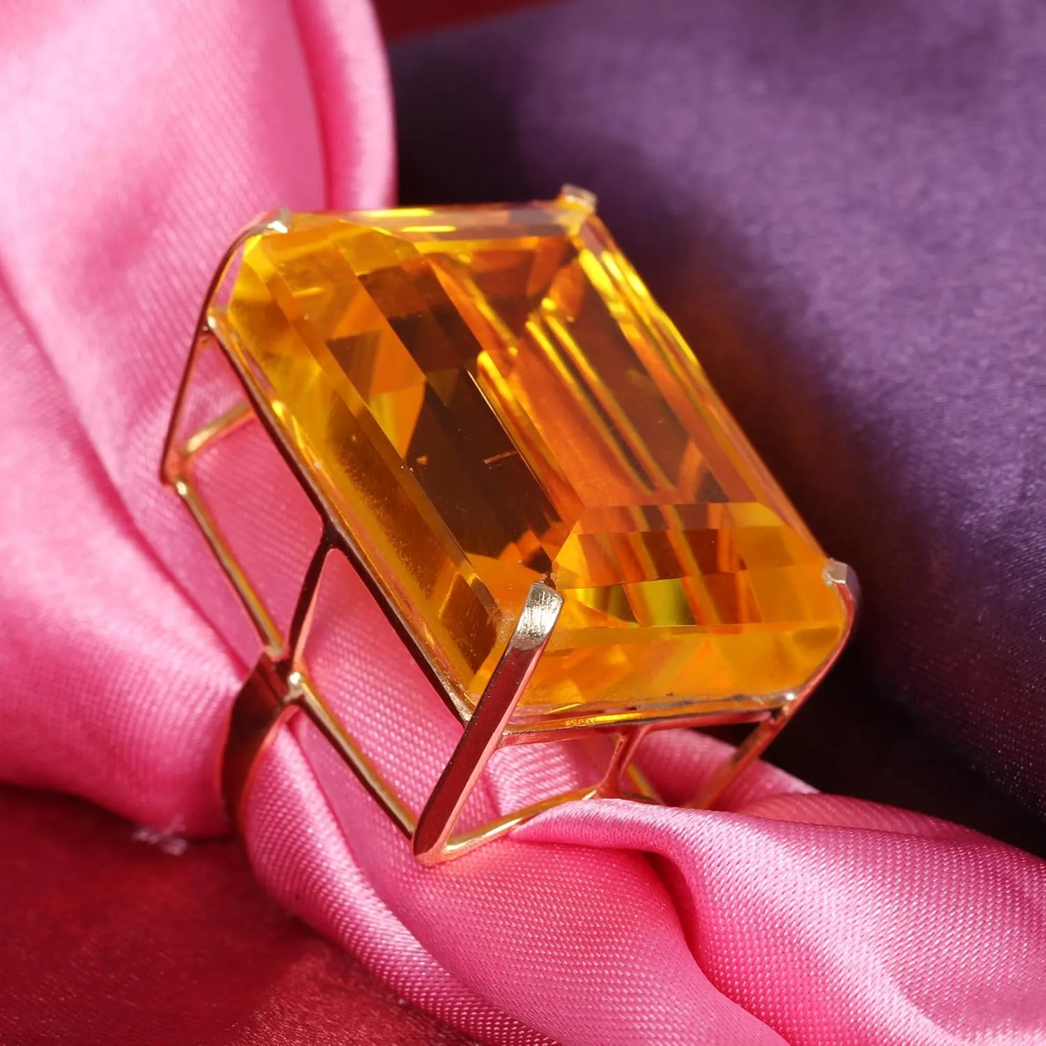 GEMHUB Lab Created Lemon Yellow Citrine 85 Ct Solid 925 Gold Emerald Ring for Mother Big Size Hydrothermal Gemstone Ring