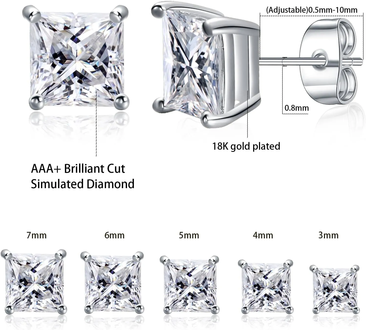 Gemsme 5 Pairs Princess Cut Cubic Zirconia Stud Earrings for Women/Men - 18K Gold Plated Hypoallergenic 3-7mm Square Clear CZ Earring Set