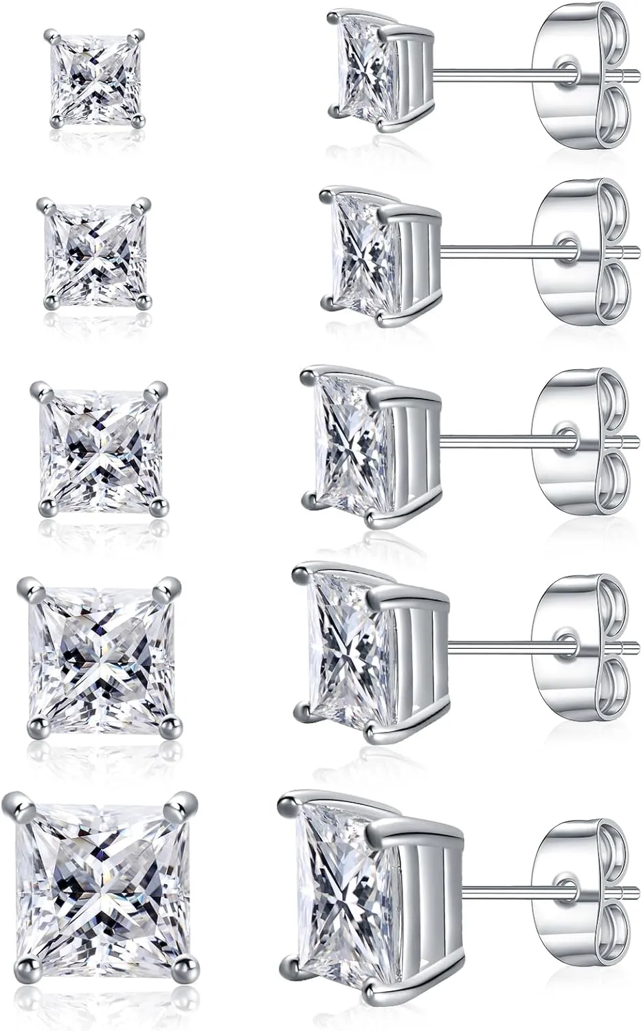 Gemsme 5 Pairs Princess Cut Cubic Zirconia Stud Earrings for Women/Men - 18K Gold Plated Hypoallergenic 3-7mm Square Clear CZ Earring Set