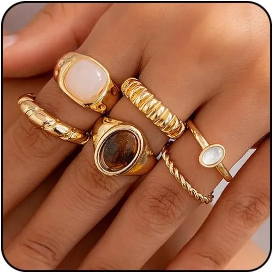 Gemstone Gold Rings for Women Non Tarnish Chunky Silver Stackable Rings for Women Adjustable Trendy Dainty Thick Chunky Jewelry