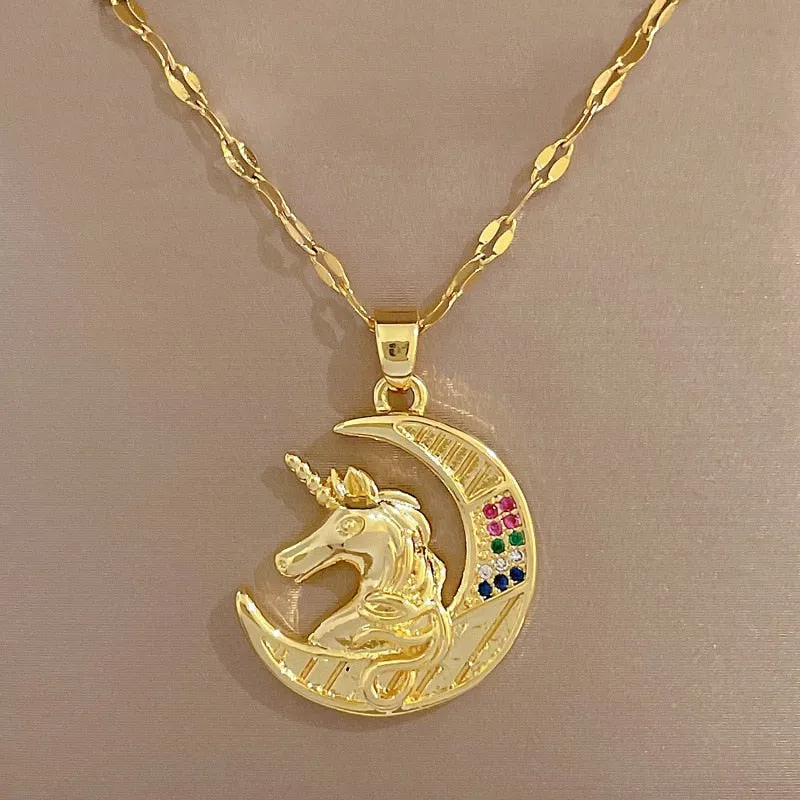 Geometry Moon Pony Pendant Multilayer Chain Choker Necklace For Women